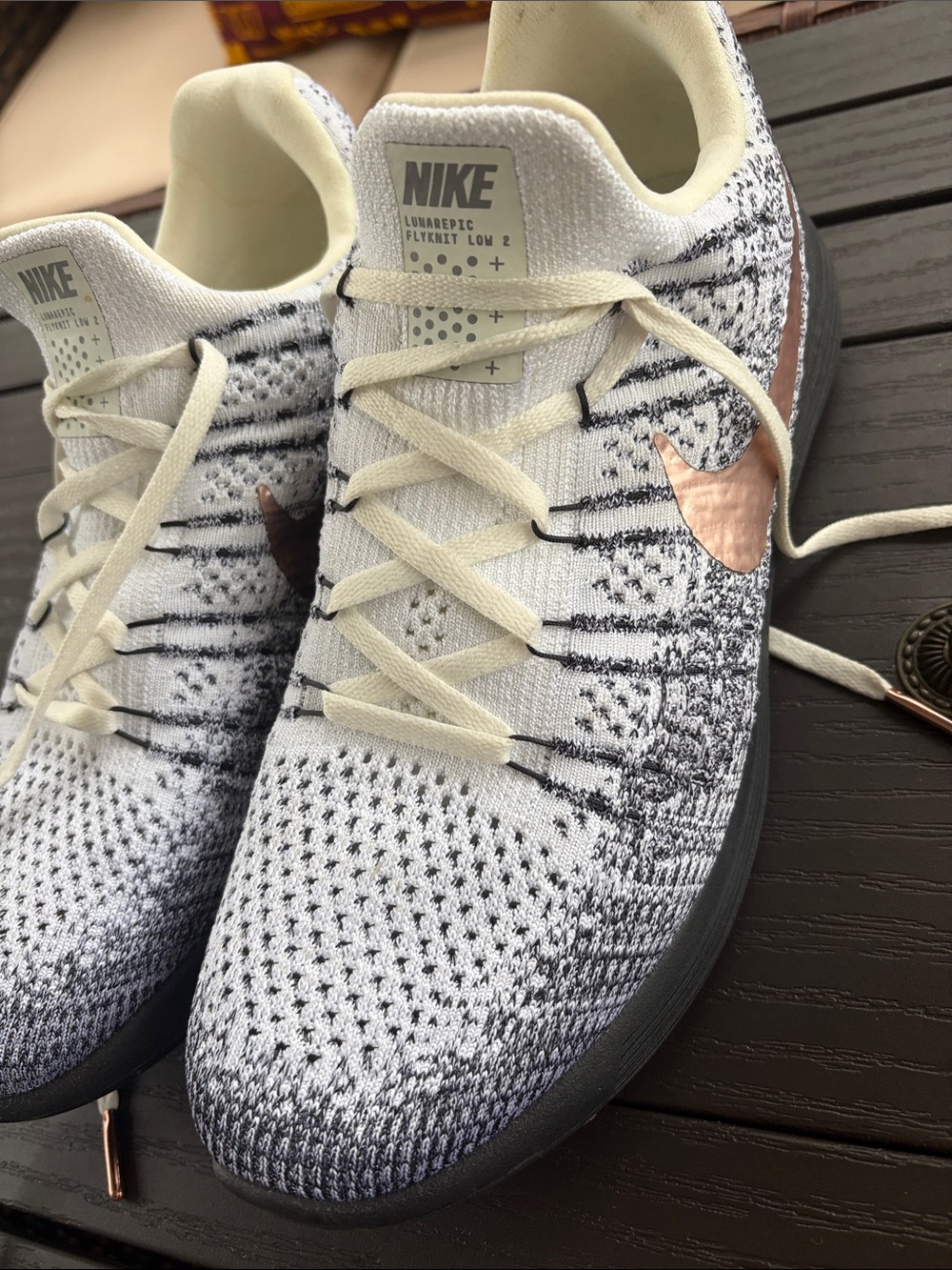 Nike Men’s Flyknit Low 2 Running Shoes - White, Black, Rose Gold